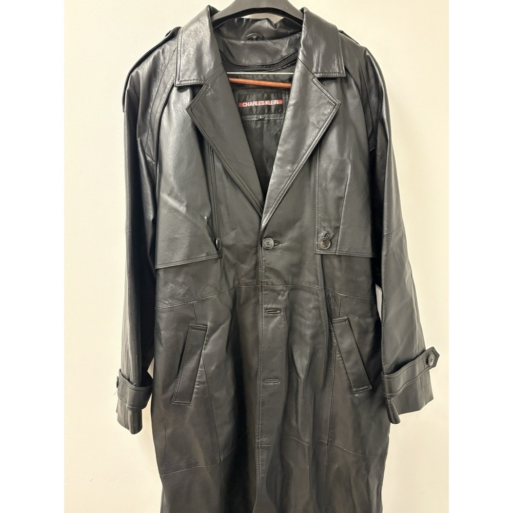 CHARLES KLEIN Men's L Black Leather Insulated Long Trench Coat w Belt Oversized